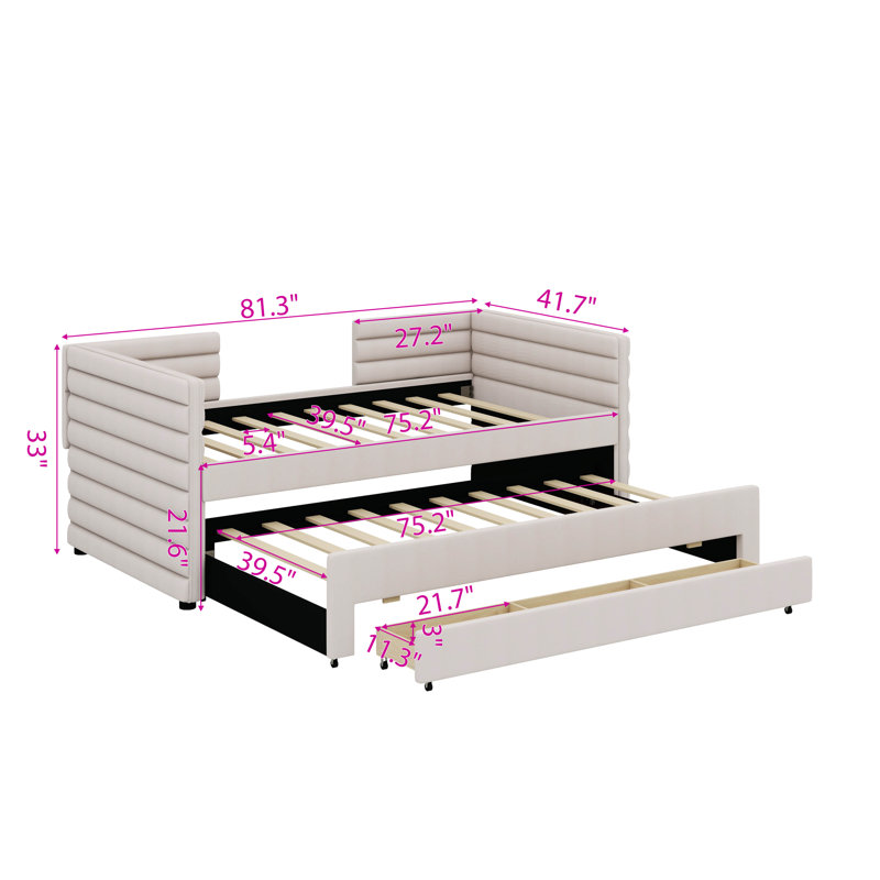 Twin-Sized Upholstered Daybed With Trundle And 3 Built-In Storage Compartments, Beige