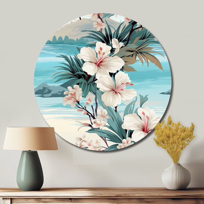 Motif tropical de reflets de bord de mer - Art abstrait rond en métal, H 16 po x l 16 po