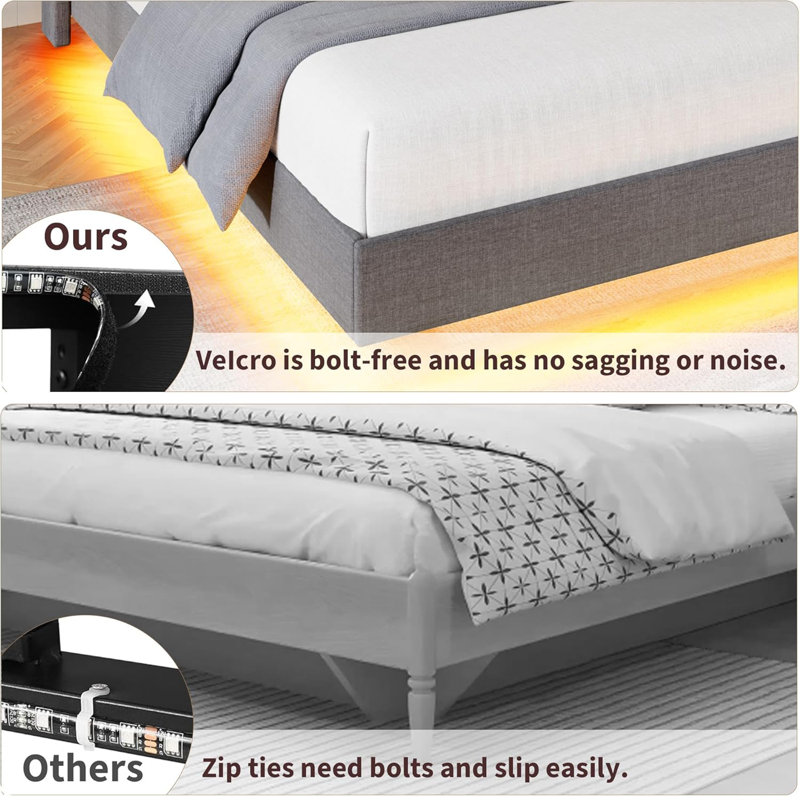 Base de lit flottante pour grand lit avec lumières DEL et station de charge - plateforme rembourrée, tête de lit, tablettes pliantes, lattes en métal robustes, aucun sommier tapissier nécessaire - gris