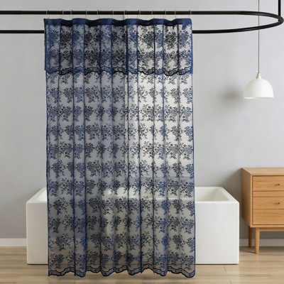 Lace Shower Curtain With Attached Valance, Embroidered Floral Pattern, Scalloped Edges And Reinforced Grommets, Semi-Sheer Bathroom Decor