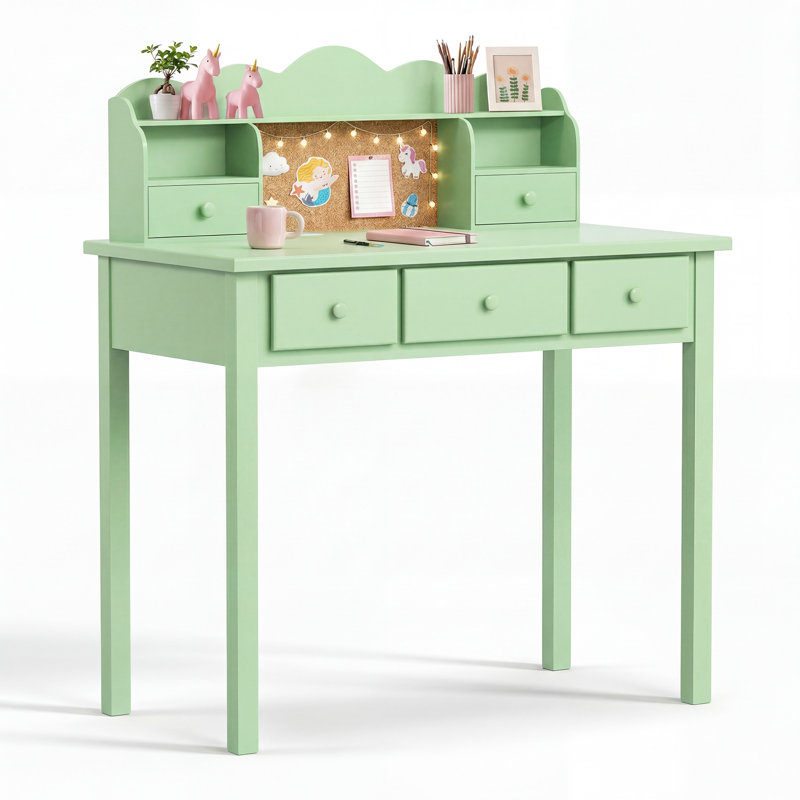 36.2'' Solid Wood Computer Writing Desk with 3 Power Outlets, Green
