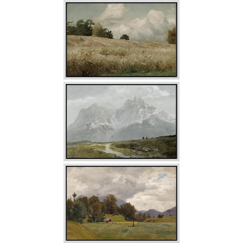 Paysage rustique, matin, ciel nuageux, nature, paysage, paysage sauvage, illustrations - 3 pièces, Cadre blanc
