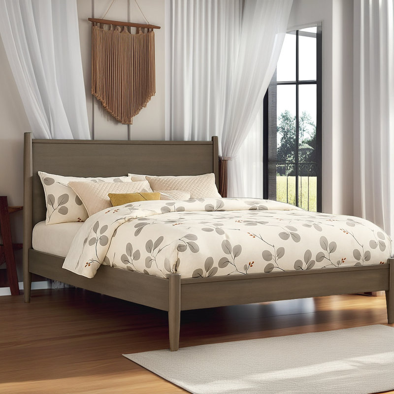 Mid-Century Modern Platform Bed - Solid Wood Construction with Slatted Base, Gray, King