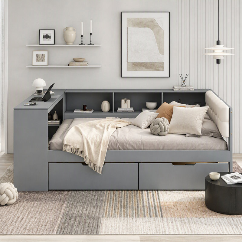 Lit plateforme double avec tablettes de rangement, tiroirs et station de charge, gris, Double, Grey