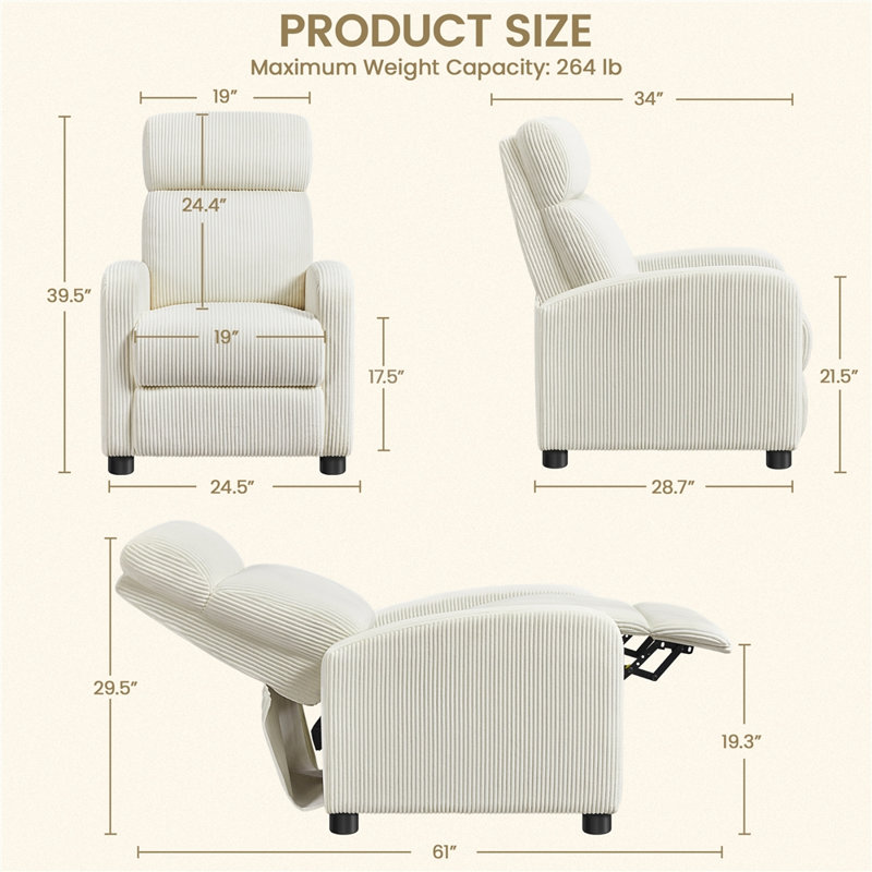 Fauteuil inclinable manuel moderne et doux au toucher, recouvert de tissu velours côtelé, Beige