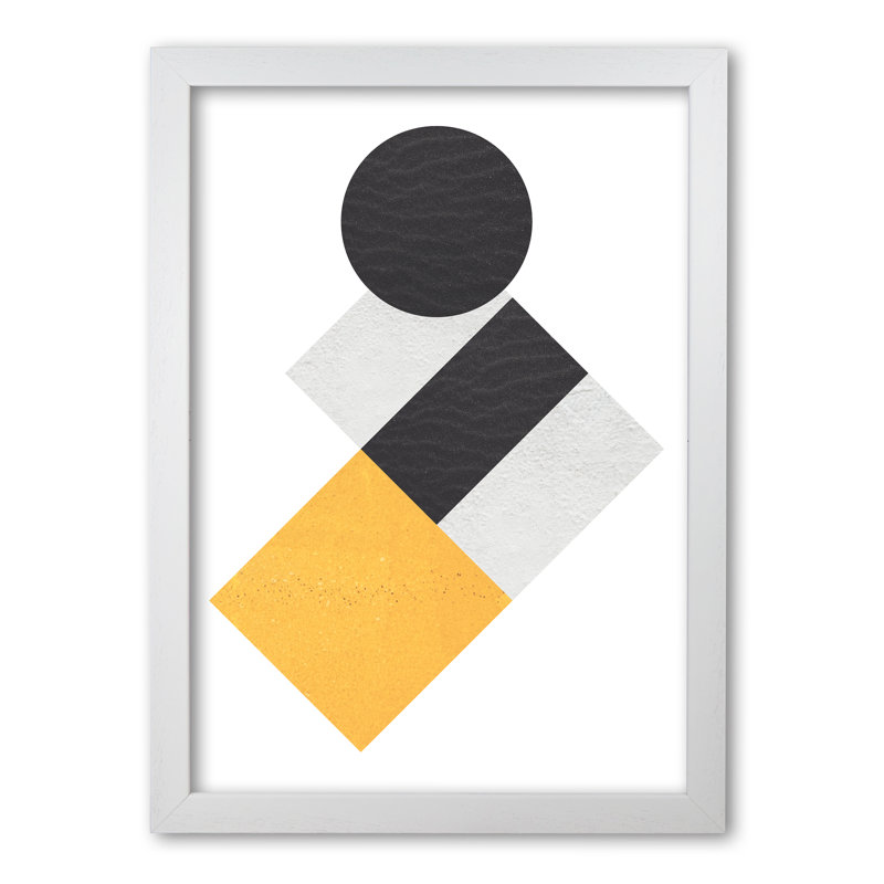 Yellow And Black Abstract Circles And Squares - Print, 85 cm H x 60 cm W x 5 cm D, White Grain Frame