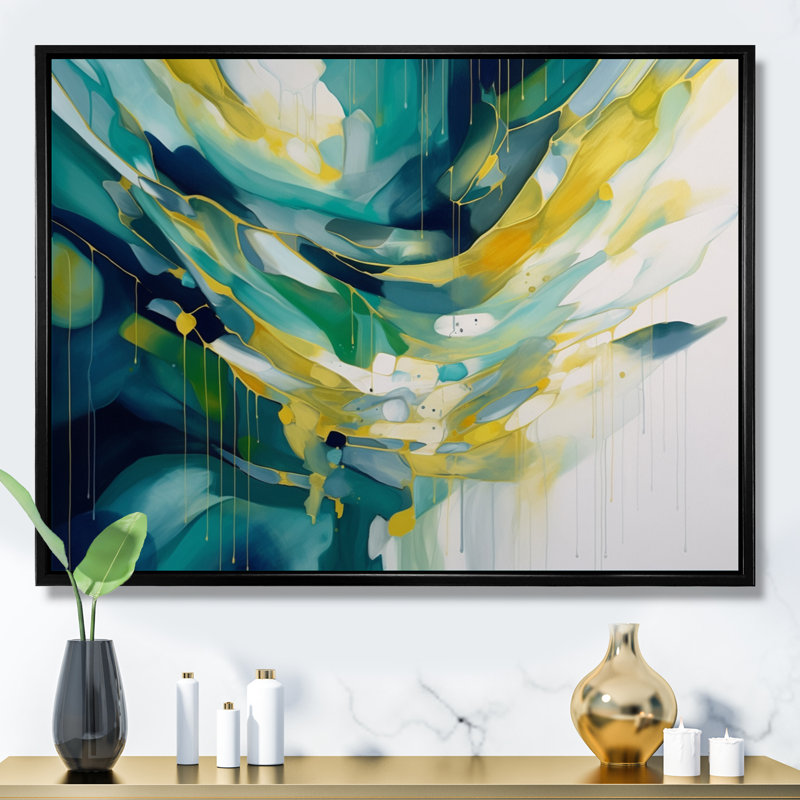 Impression sur toile jaune et turquoise, ordre complexe I - formes abstraites, Cadre flottant noir