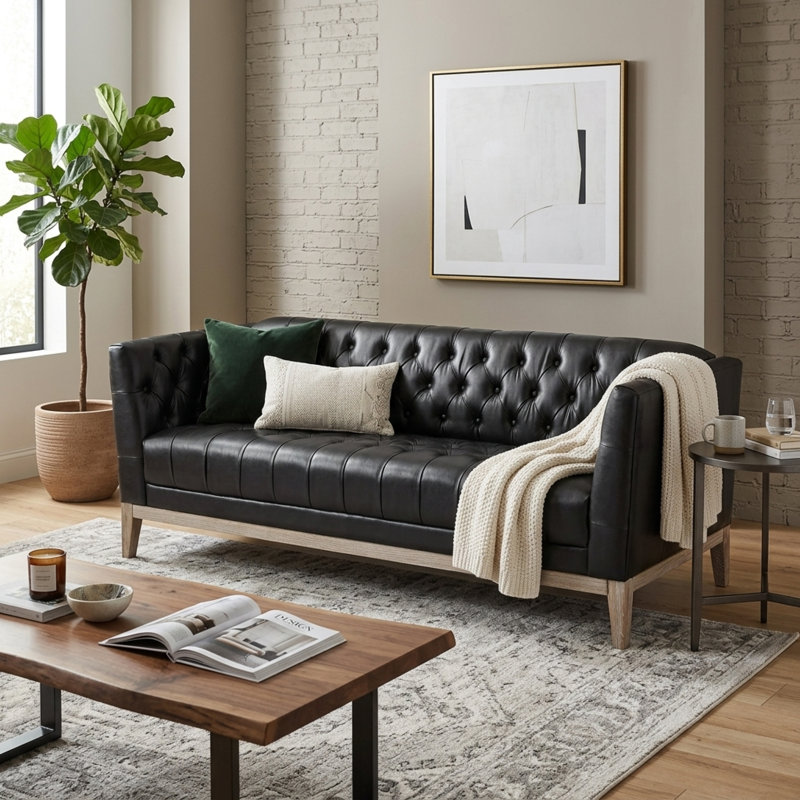 Canapés spacieux, 100 % PU et structure en bois, Chesterfield moderne pour la maison, Noir
