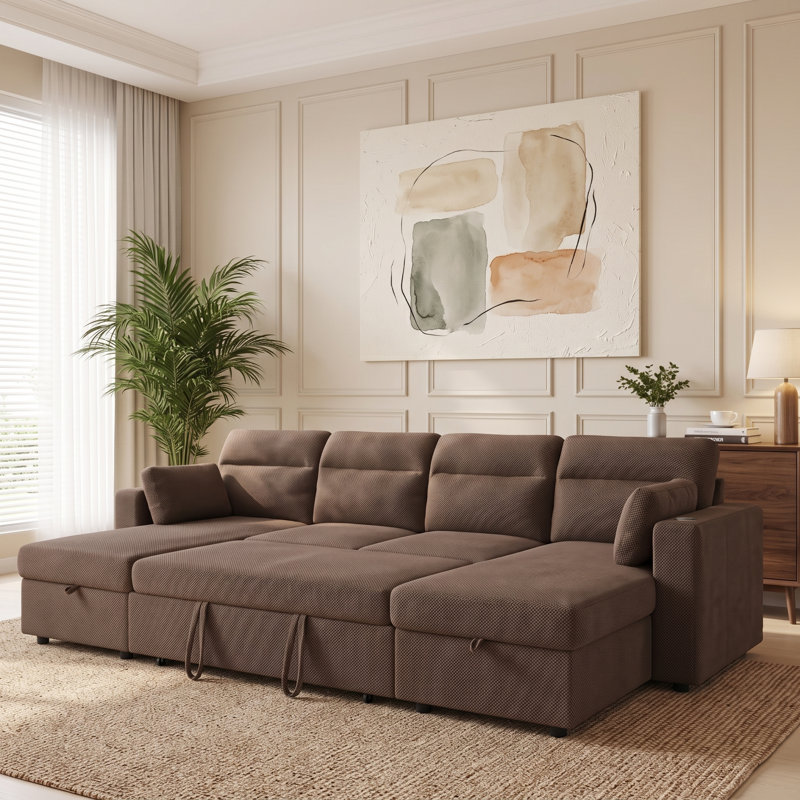 Canapé d'angle convertible de 269 cm avec méridienne de rangement, 4 sièges, Café