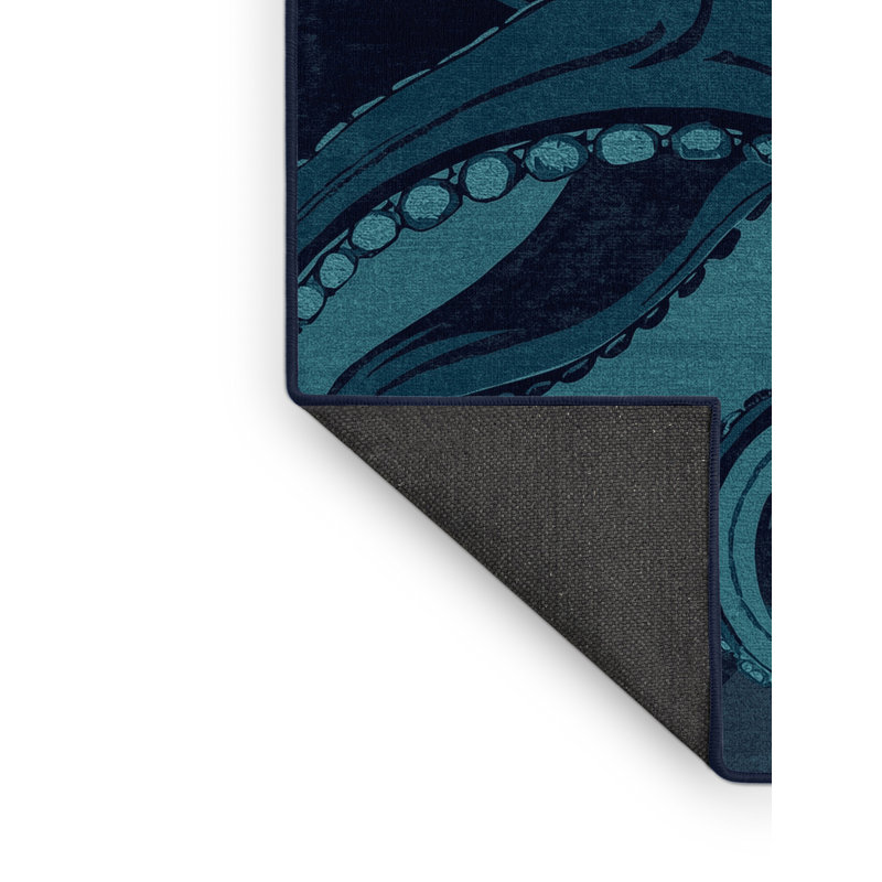 Soft Plush Tockington Octopus Modern Area Rug in Blue – Navy Binding, 7x10
