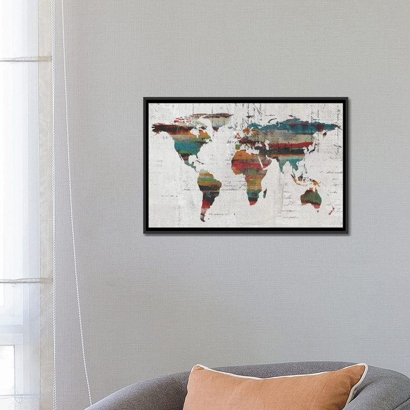 «Painted World Map IV», reproduction d'art sur toile tendue, H 18 po x l 26 po x P 1,5 po, Toile avec cadre noir
