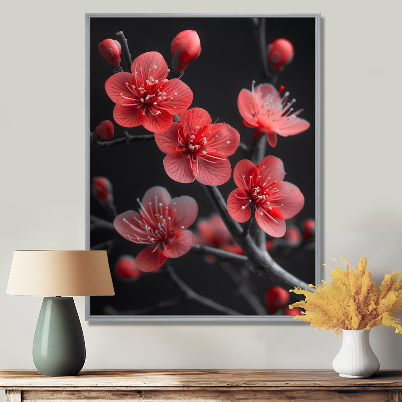 Silhouette de fleur de cerisier monochrome gris rouge, Toile argentée avec cadre flottant, H 34 po x l 44 po x P 1,5 po