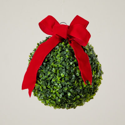 12in. Pre-Lit Artificial Christmas Hanging Boxwood Ornament Ball with Red Bow and 40 LED Lights