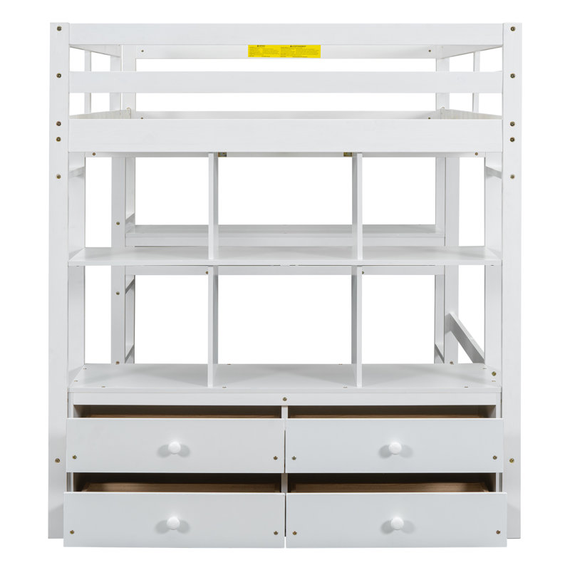Full Size Loft Bed with Built-in Desk, Drawers & Storage Shelves, Space-Saving White