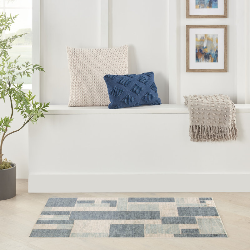 Tapis bleu / ivoire en polyester tissé à la machine Borisas, Rectangle 3 pi 3 po x 5 pi