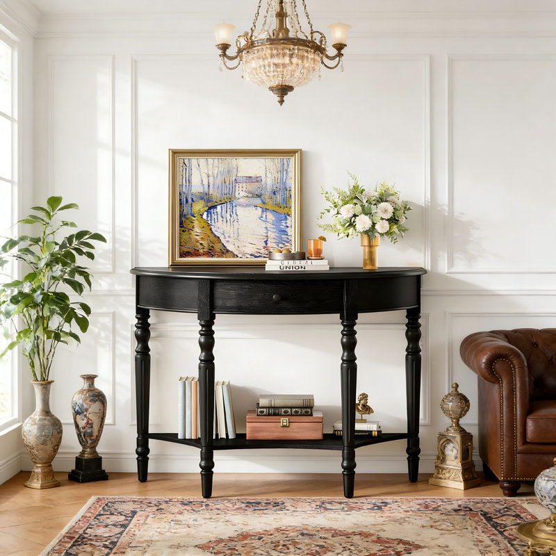 Farmhouse Half Moon Console Table with Drawer and Shelf, Solid Wood Entryway Sofa Table for Hallway, Living Room & Foyer