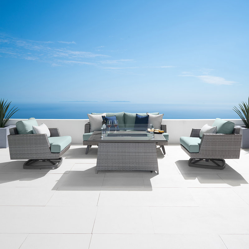 Ehrenfried 4 Piece Sofa Seating Group With Sunbrella Cushion Covers, Gray Frame/Spa Blue Cushion