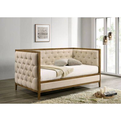 Transitional Style 1Pc Twin Size Daybed Diamond Tufting Wood Trim Mattress Ready Natural Oak Finish Primary Living Room