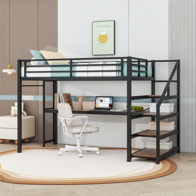 Lit mezzanine simple TG avec éclairage à DEL intégré, bureau, ports USB et escalier de rangement
