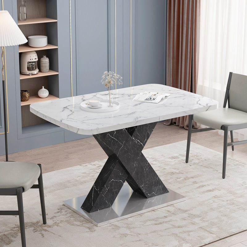 Hine Modern Dining Table Extendable Dining Table Faux Marble Table Top Ktichen Table, White Mable, Black