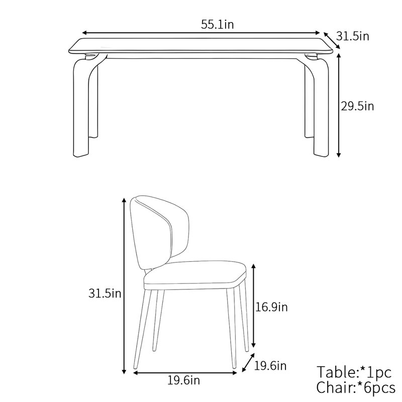 Ensemble de table de salle à manger vintage minimaliste français, H 29,5 po x L 55,1 po x l 31,5 po