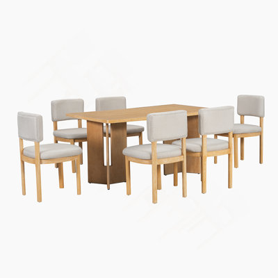 7-Piece Wooden Dining Table Set, Rectangular Dining Table With 6 Upholstered Chairs For Dining Room, Kitchen And Living Room