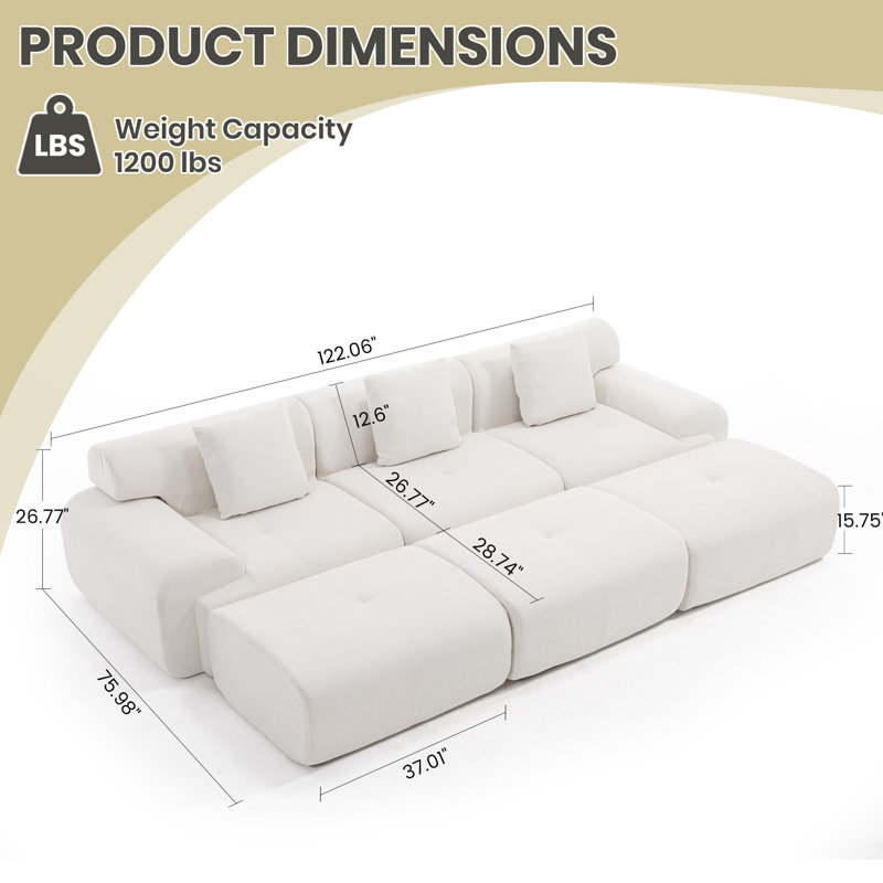 Corduroy Modern Compressed Block Sectional Couch, Beige Corduroy