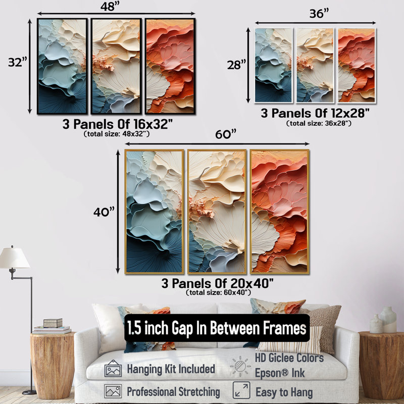 Ensemble de salon art mural abstrait beige et orange Custards Collage II, H 28 po x l 36 po x P 1 po, Cadre flottant blanc