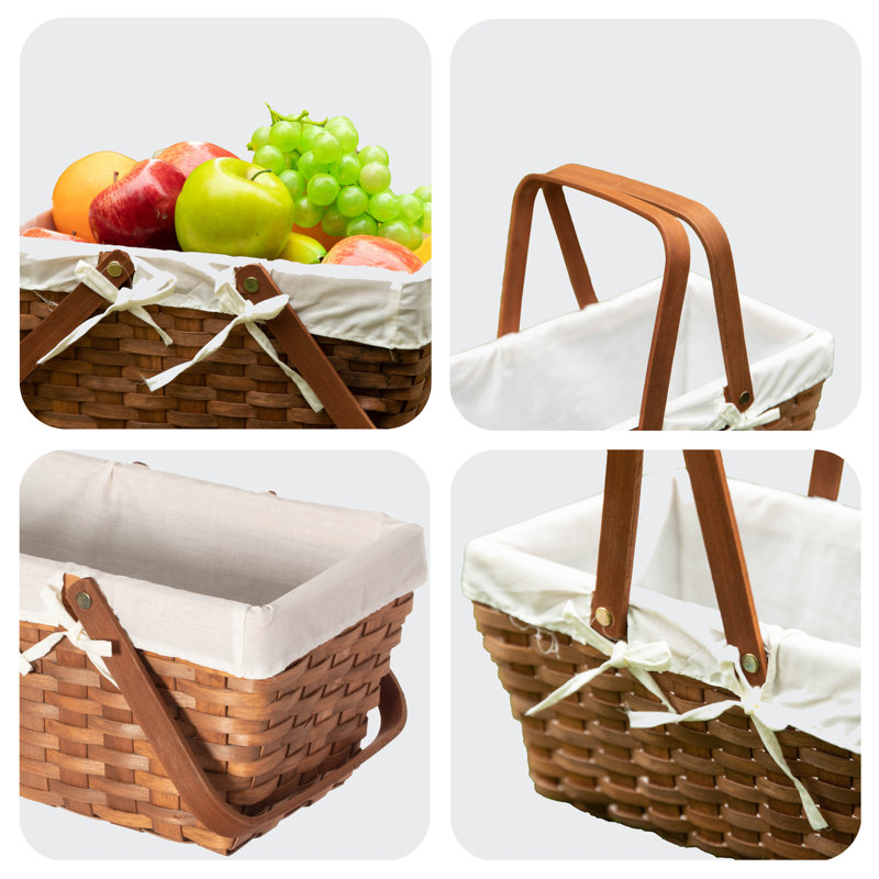 Rustic Brown Woodchip Picnic Basket with White Liner