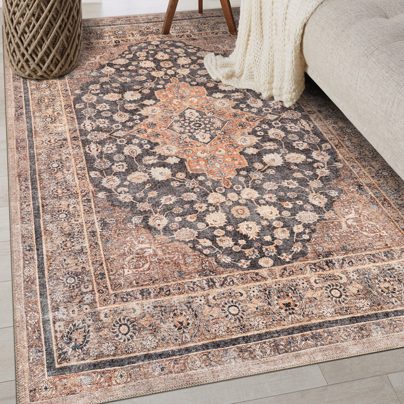Tapis noir de style persan tissé à plat à la machine avec envers antidérapant Marin, Noir, Rectangle 4pi x 6 pi