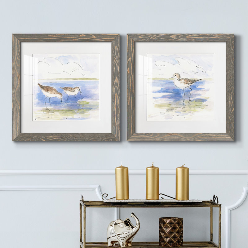 S Croquis d'oiseaux de rivage I - ensemble de 2 peintures, Cadre en papier gris, H 17 po x l 34 po x P 1,5 po