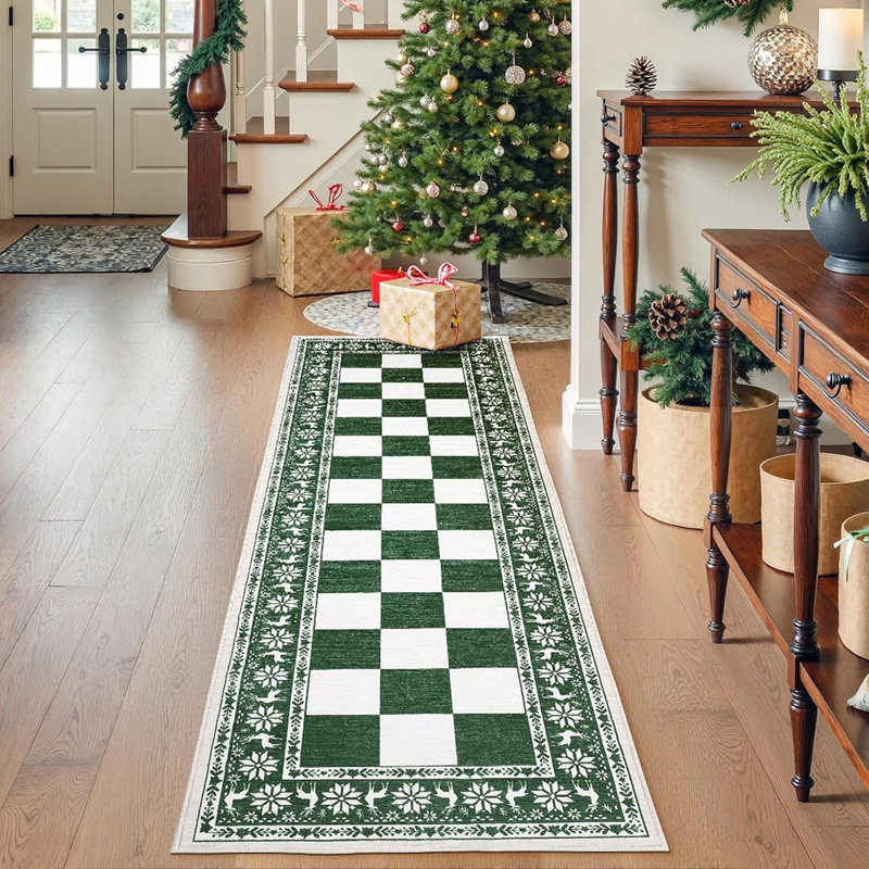 2x6 Runner Rug, Checkered Christmas Rugs for Holiday Decor, Non Slip Low Pile Washable Rug for Kitchen, Entryway, Living Room, Bedroom