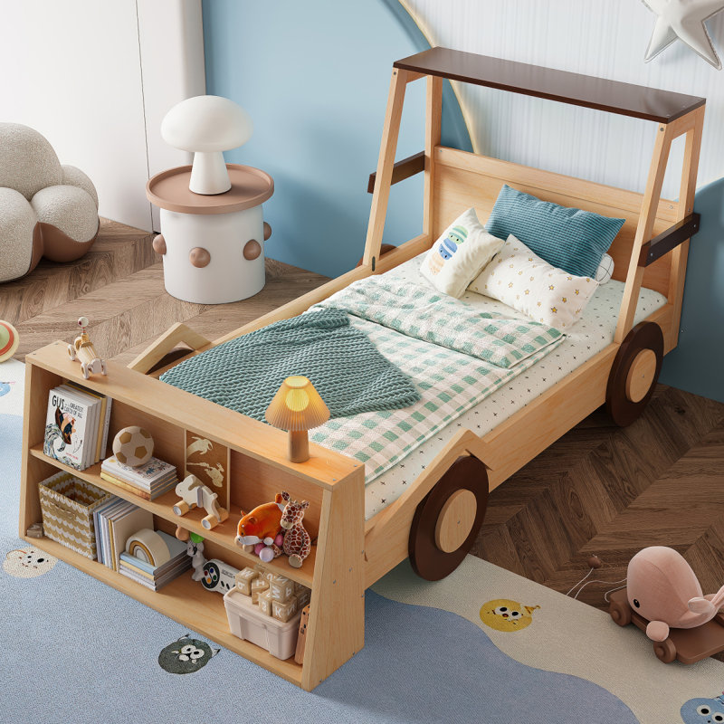 Lit voiture simple avec tablettes de rangement, lit plateforme pour enfants avec une jolie forme de voiture, design enfantin, brun et blanc
