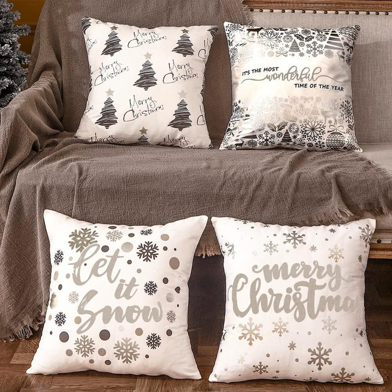 Coussins décoratifs de Noël en argent et blanc 18 x 18, ensemble de 4, décorations de Noël en forme de flocon de neige, arbre de Noël Let It Snow, coussins décoratifs pour canapé