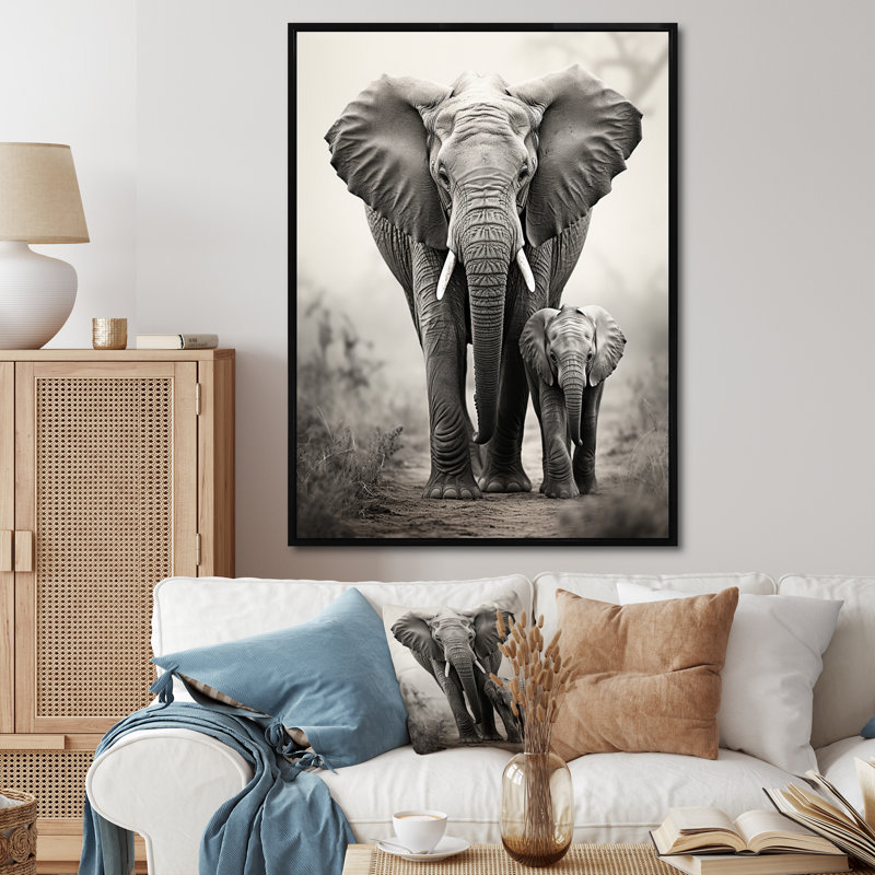 «Leiding Elephant Whispers Of Afrique II», art mural éléphant, H 44 po x l 34 po x P 1,5 po, Cadre flottant noir