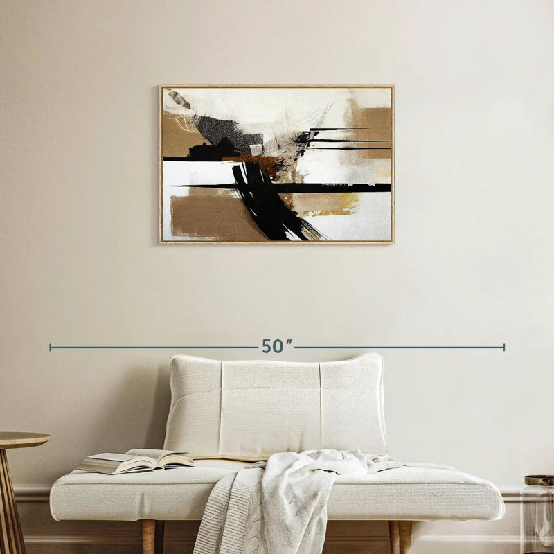 Beige stries chaotiques I, Cadre flottant en bois naturel, 31 po x 21 po