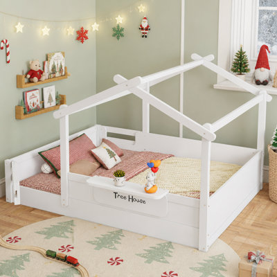 Lit double pleine grandeur en forme de maison avec garde-corps, plateau intégré et panneau personnalisable pour enfants, blanc