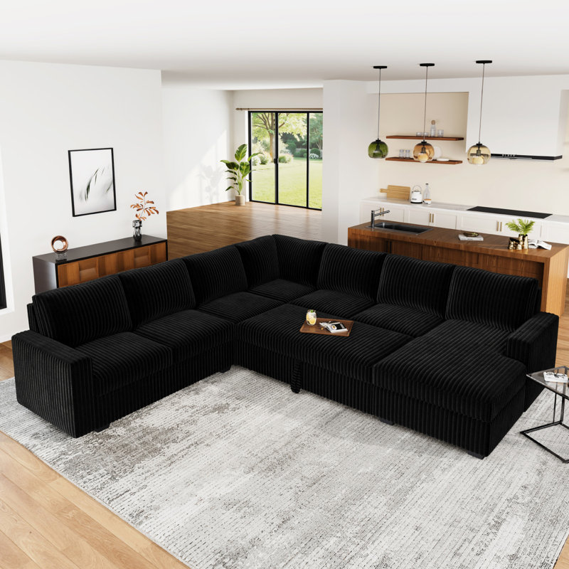 Brunella U-shaped Oversized Sleeper Sofa Storage Corduroy Sectional, Black Corduroy