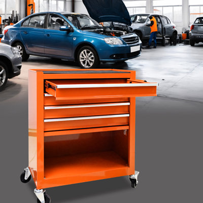 Chariot à outils 4 tiroirs en orange - Structure en acier robuste et tiroir coulissant pour les outils de garage, l'organisation et le rangement 4 avec des roues Accès sans effort