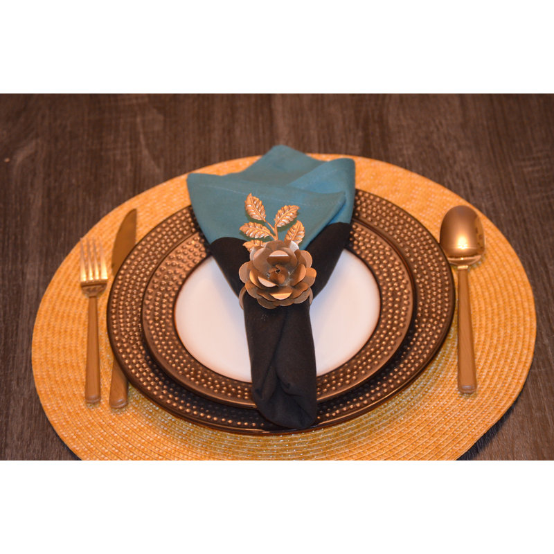 Golden Rose Flower and Leaves Napkin Ring Set of 4