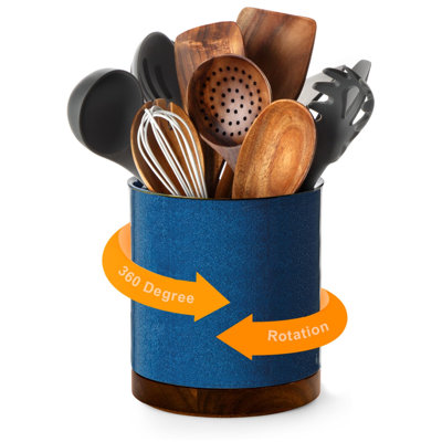 360°Rotating Utensil Holder, 7.2" Large Utensil Crock, White Ceramic Cooking Utensil Organizer(Royal blue)
