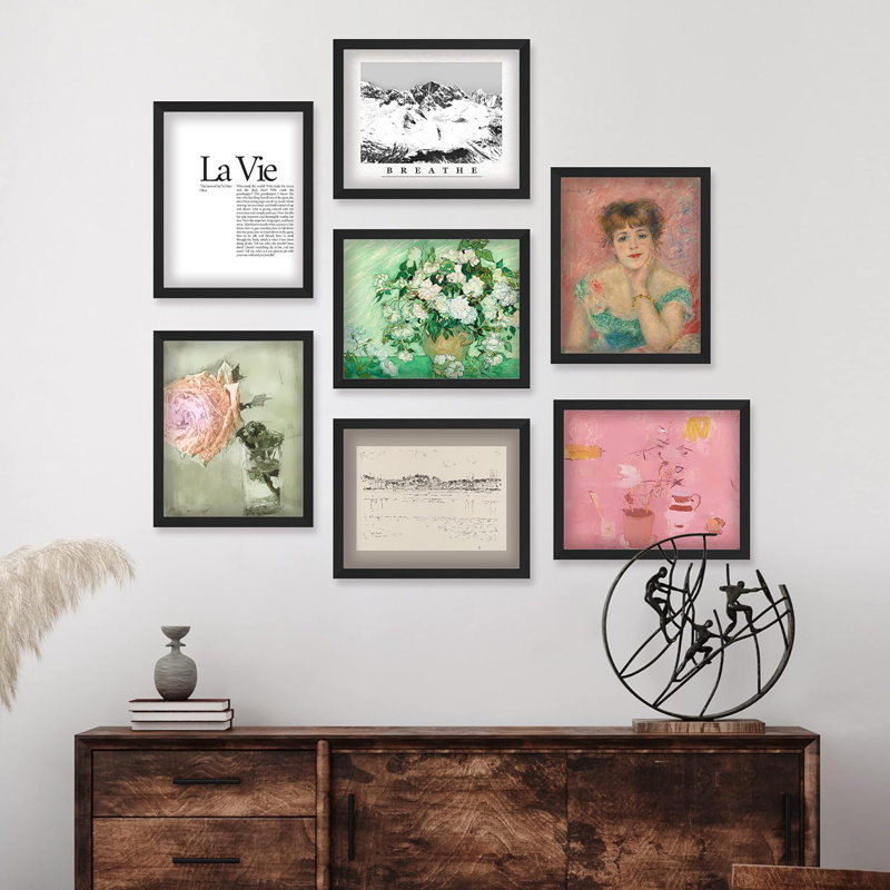 «French Typographie Pastel Portrait Flowers», impression géométrique abstraite encadrée sur papier, 7 pièces, Noir