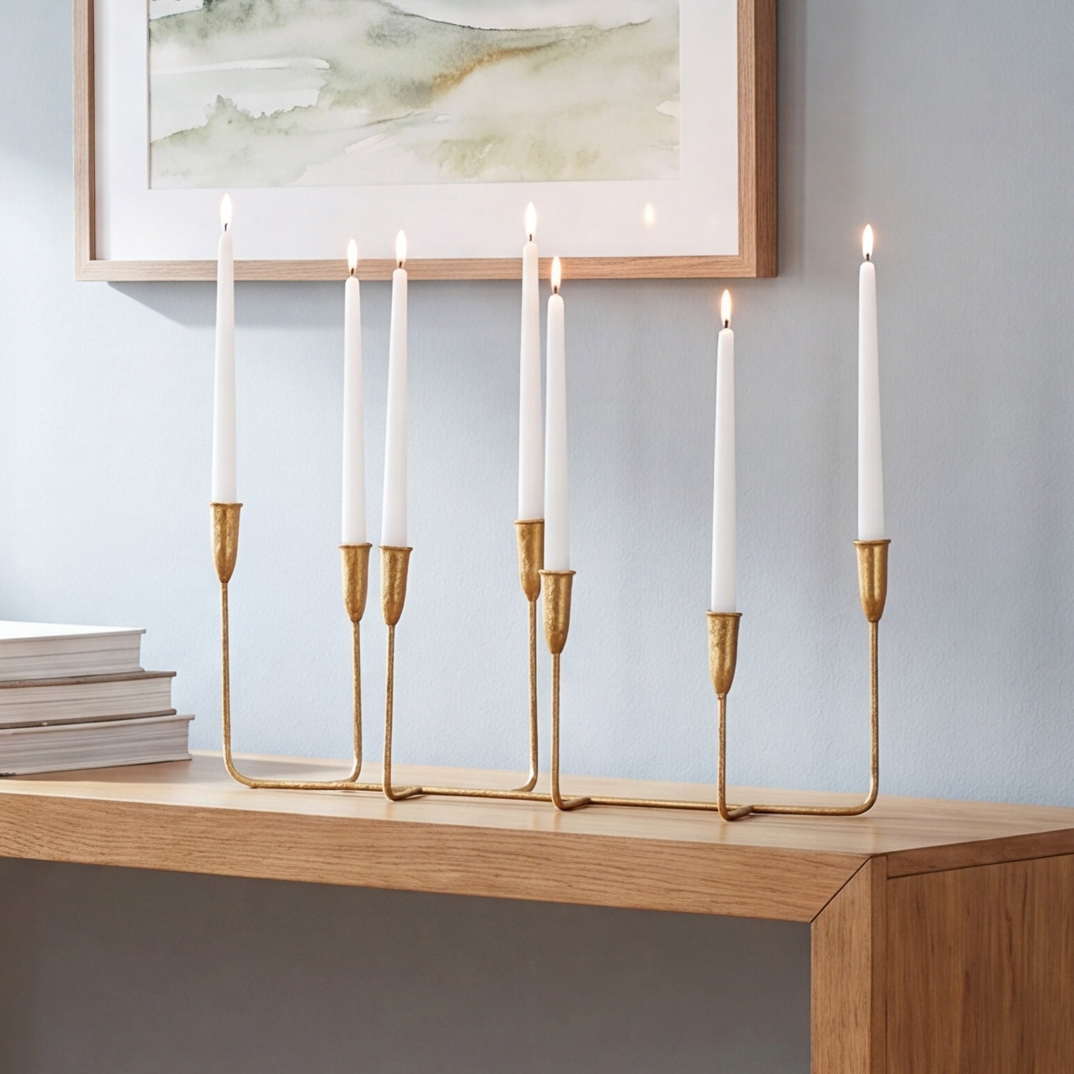 Modern Metal Candelabra Holder, Gold, 10" H x 20.6" W x 7.4" D