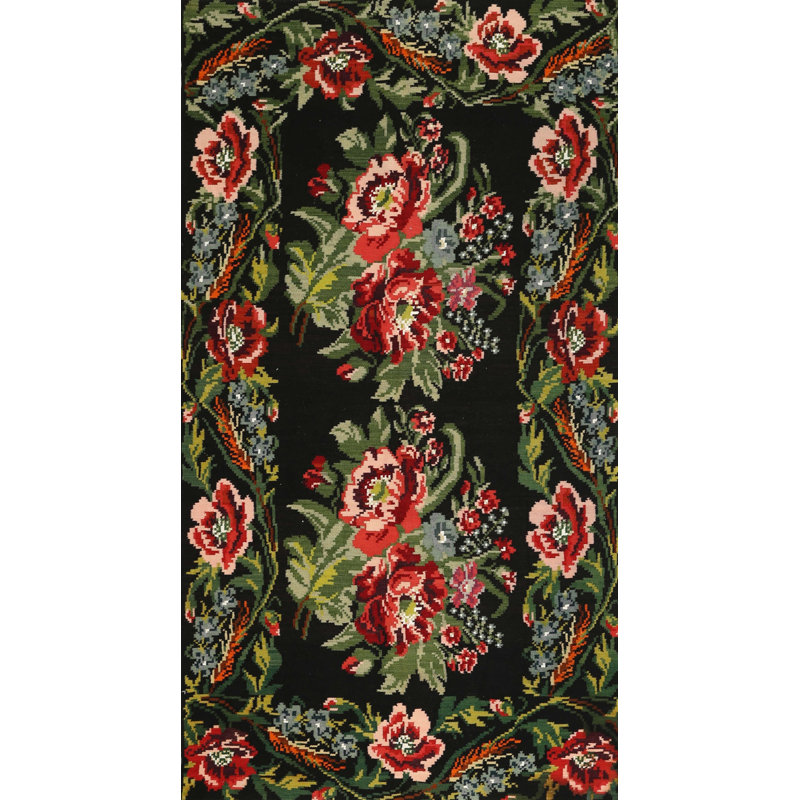 Tapis traditionnel noir / vert / rouge, Rectangle 5 pi x 7 pi