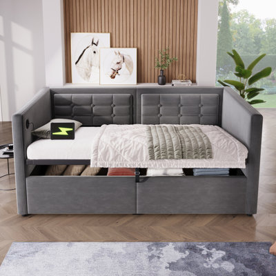 Twin Bed Frame With & Type - C Charging, Beige Velvet Upholstered Daybed, Hydraulic Storage, Wooden Slats, And Back For Functionality Daybed In Velvet, Charging Frame, A Comfort Oriented Bedroom