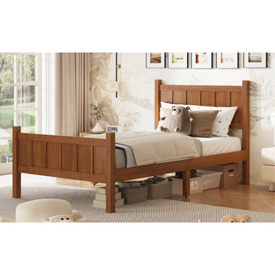 Twin Size Flat Panel Bed with Headboard & Footboard, Minimalist Modern Platform Bed with Wood Grain Finish, Shaker and Farmhouse Style Design, Sleek and Functional Bedroom Furniture,Light Walnut