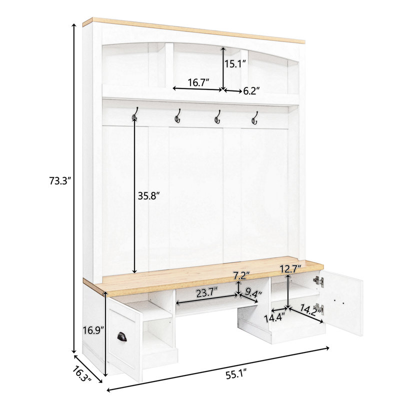 Hall Tree 55.1'' Wide With Bench And Shoe Storage, White