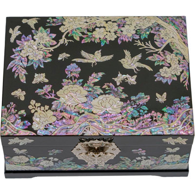 Boîte à bijoux coréenne fabriquée à la main avec intérieur en velours à deux couches, couvercle en miroir et finition laquée - élégante boîte-cadeau en bois avec oiseaux, papillons et œuvres d'art florales
