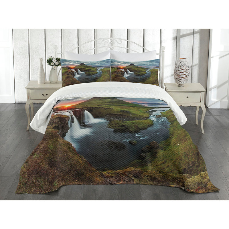 Ambesonne Nature Bedspread Set Cascade Stream Wildlife Multicolor, King Coverlet / Bedspread + 2 Standard Shams