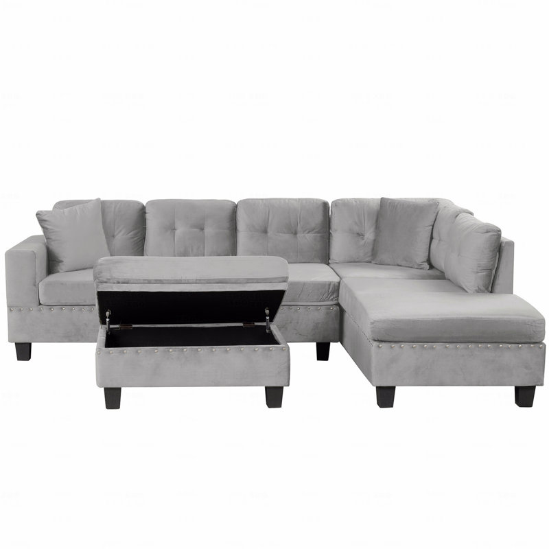 Canapé modulaire Basic, canapé moderne de 105 po avec repose-pieds avec rangement, canapé en L avec 2 coussins décoratifs et porte-gobelets, canapé avec méridienne réversible